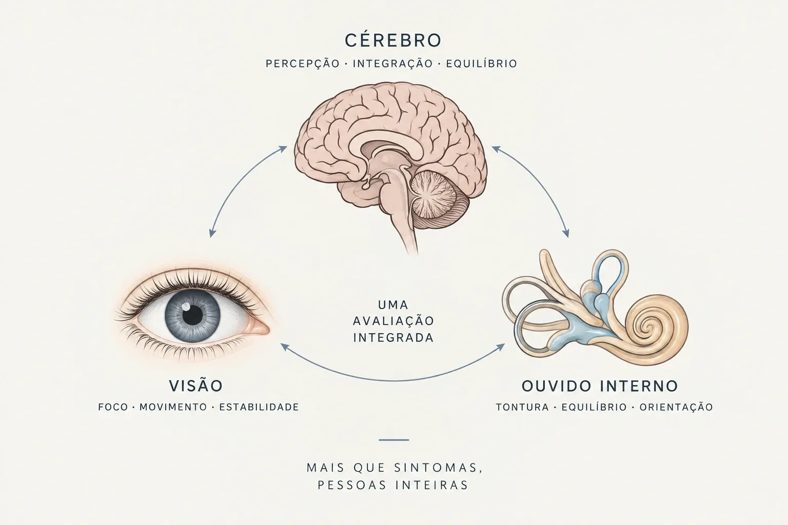 Infográfico: cérebro, visão e ouvido interno trocam informações continuamente — a base de uma avaliação integrada de tontura, equilíbrio e sintomas visuais